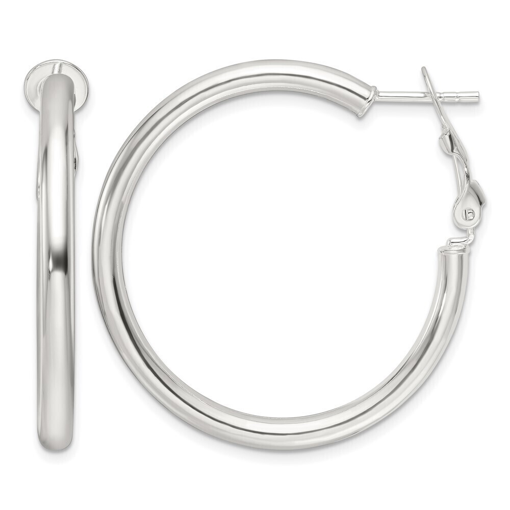 Kazi Luxury Sterling Silver Polished 3.25mm Omega Back Round Hoop Earrings